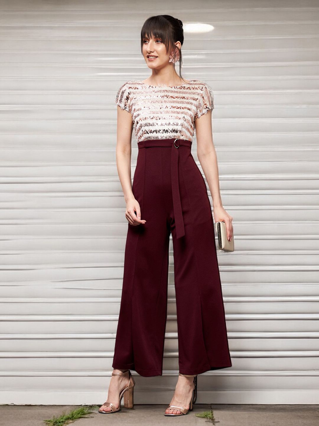 

Miss Chase Women Almost Lost Fringe Basic Jumpsuit with Embellished, Maroon