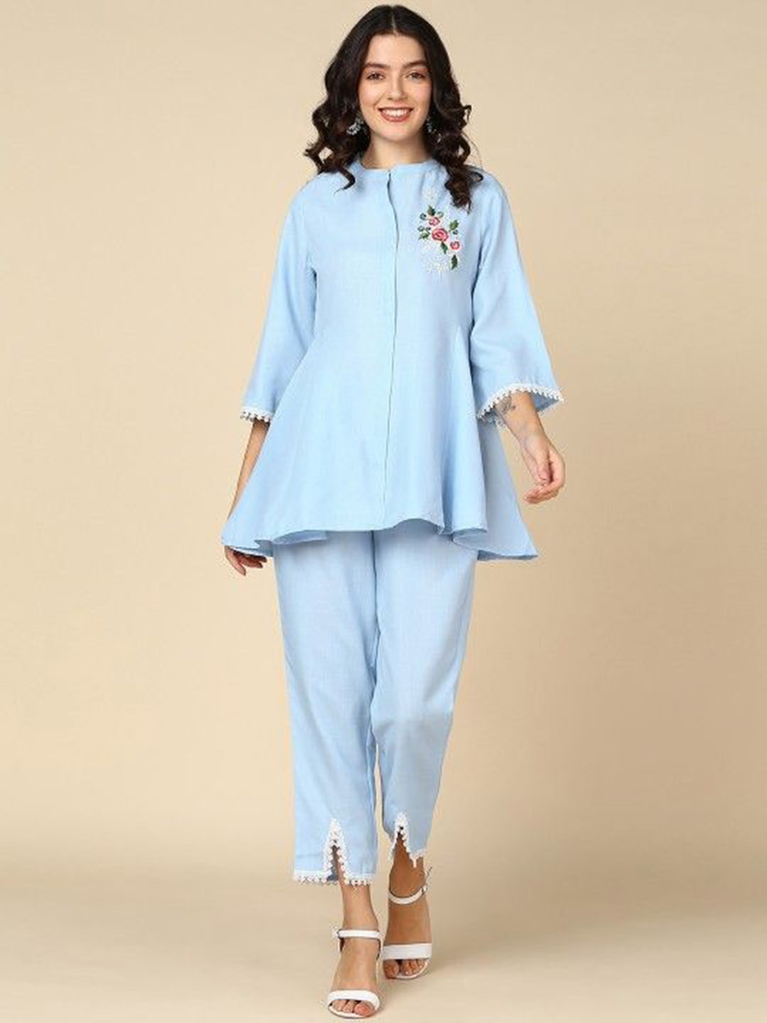 

Shiv ali apparels Floral Embroidered Mandarin Collar Top With Trouser, Turquoise blue