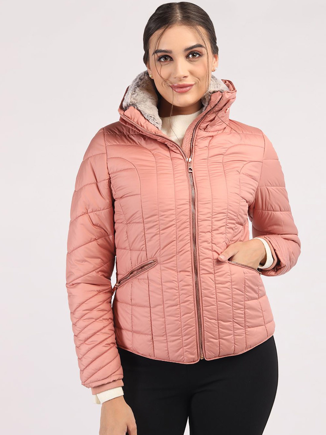

LURE URBAN Mock Collar Solid Casual Puffer Jacket, Peach