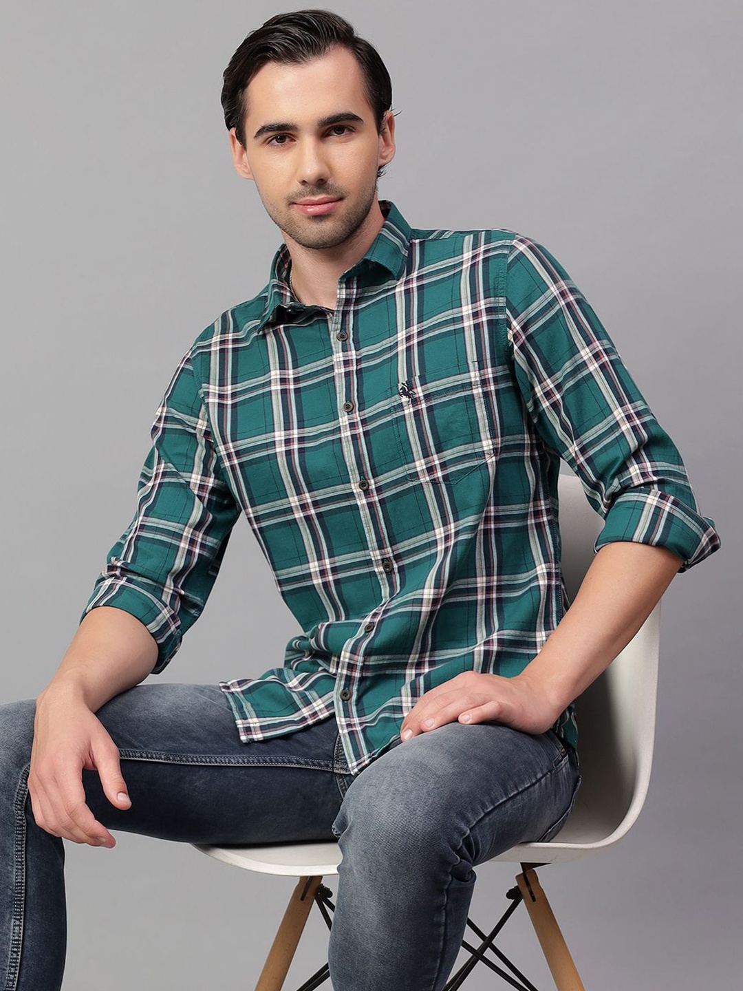 

Cantabil Men Spread Collar Tartan Checked Cotton Slim Fit Casual Shirt, Green
