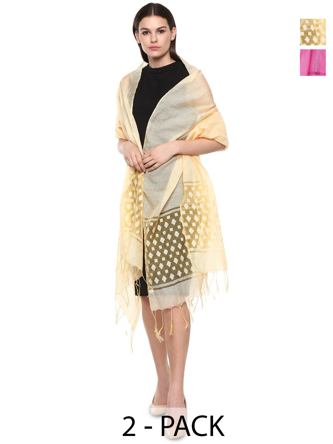 

Rhe-Ana Pack Of 2 Striped Dupatta, Yellow