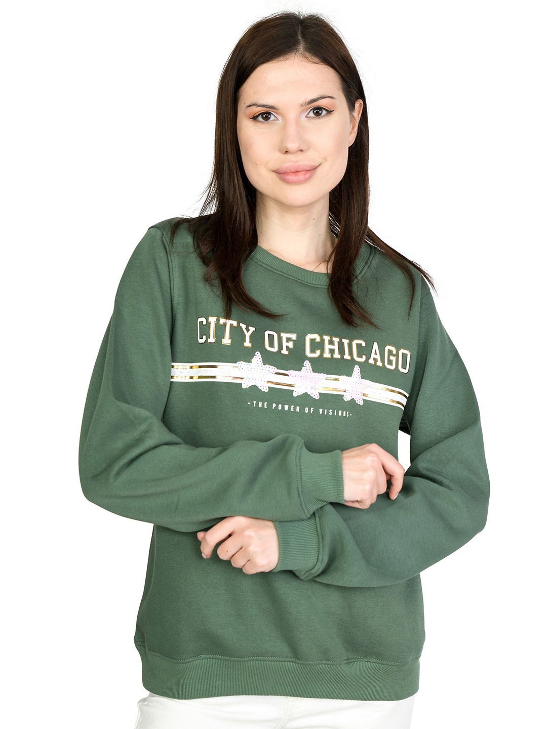 

Cheribell Women Typography Printed Sweatshirt, Olive