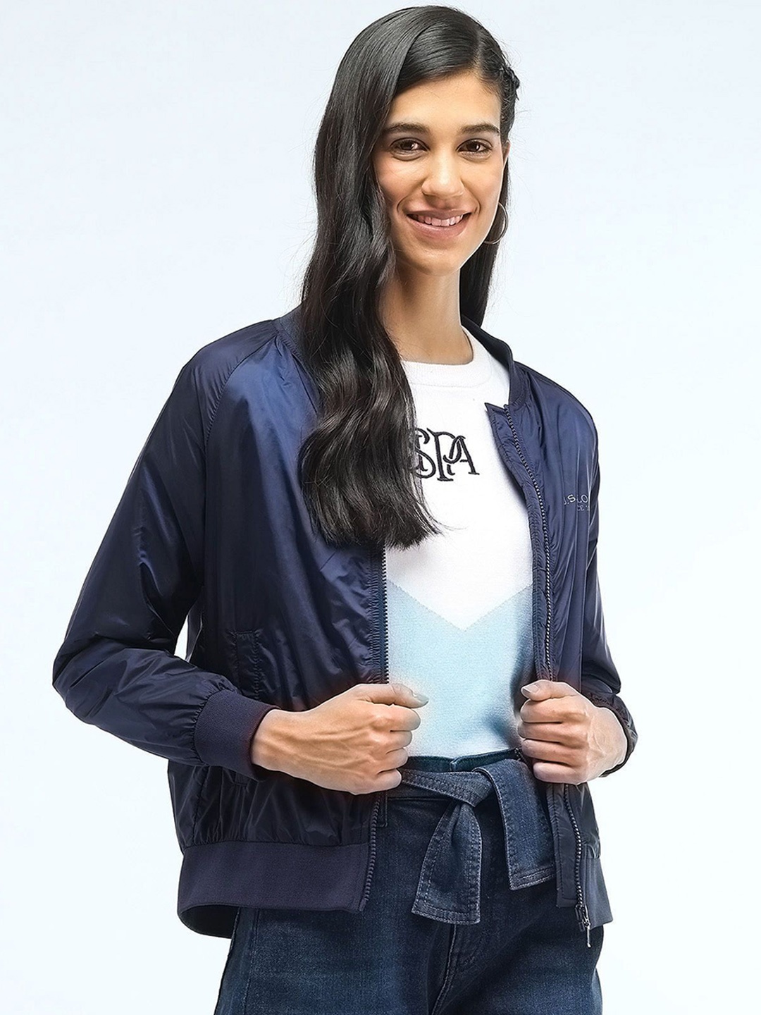 

U.S. Polo Assn. Women Stand Collar Solid Casual Bomber Jacket, Navy blue