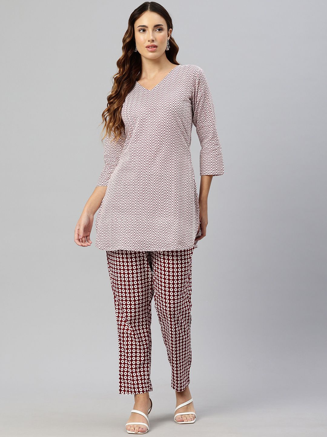 

KALINI Chevron Printed V-Neck Three-Quarter Sleeves Pure Cotton Top With Trouser, Maroon