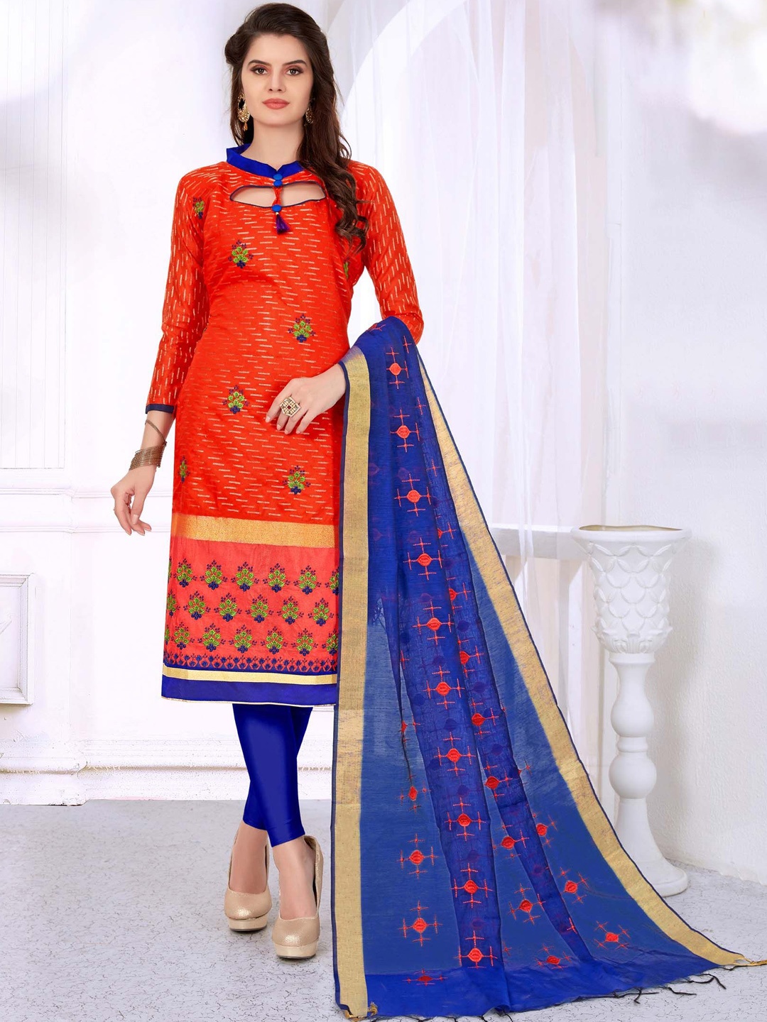 

Maroosh Floral Embroidered Unstitched Dress Material, Orange