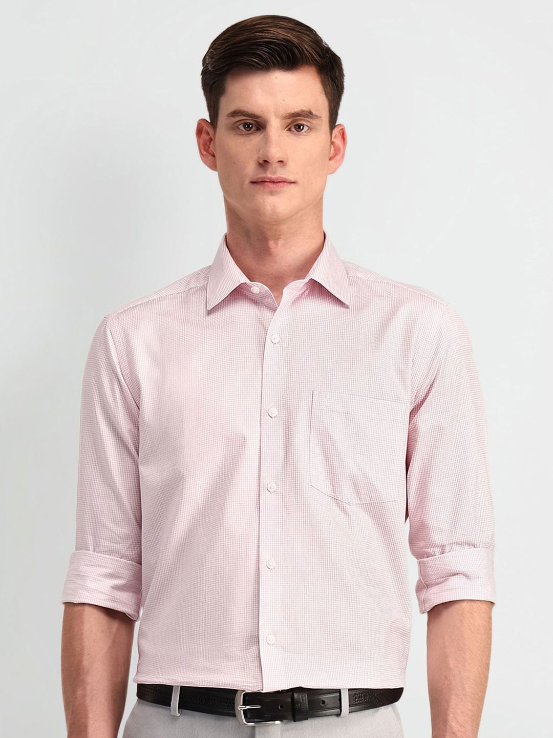

Arrow Men Manhattan Spread Collar Micro Checked Cotton Slim Fit Formal Shirt, Pink