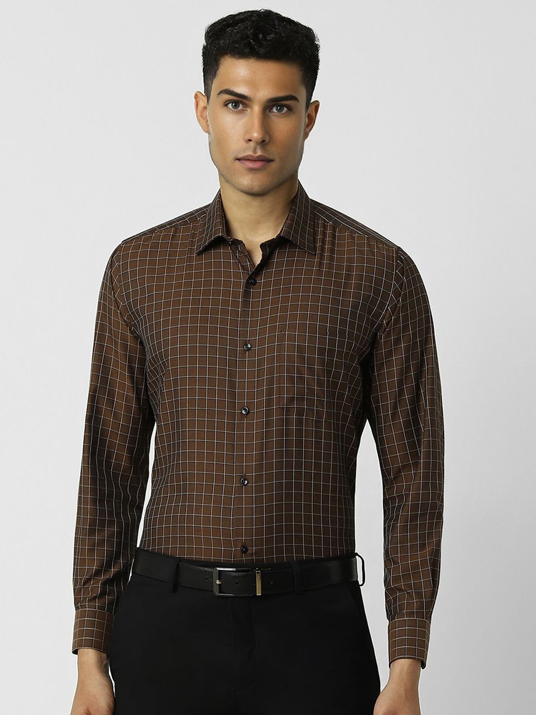 

Van Heusen Men Spread Collar Checked Cotton Slim Fit Formal Shirt, Brown