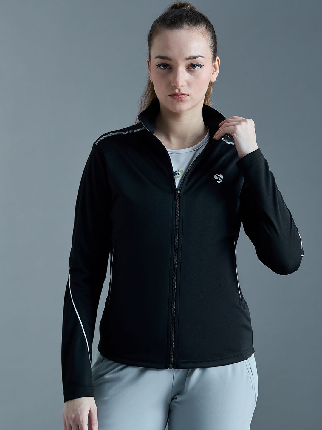 

SG Women Mock Collar Solid Sports Bomber Jacket, Black