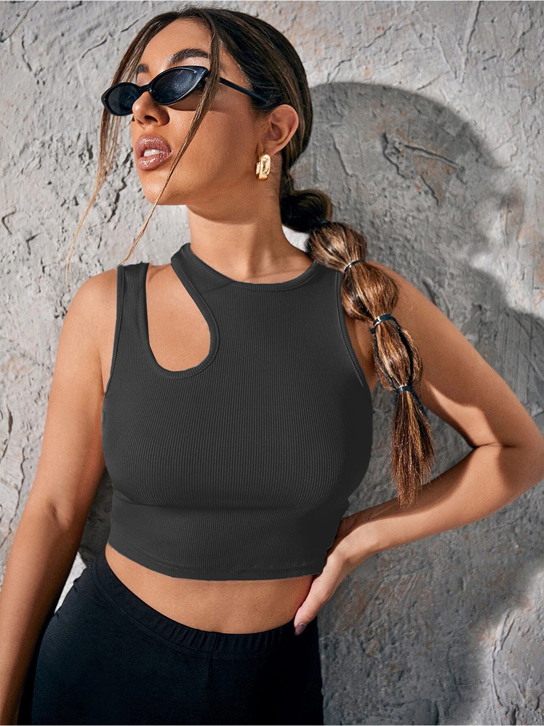 

HERE&NOW Women Cut - Out Crop Top, Grey