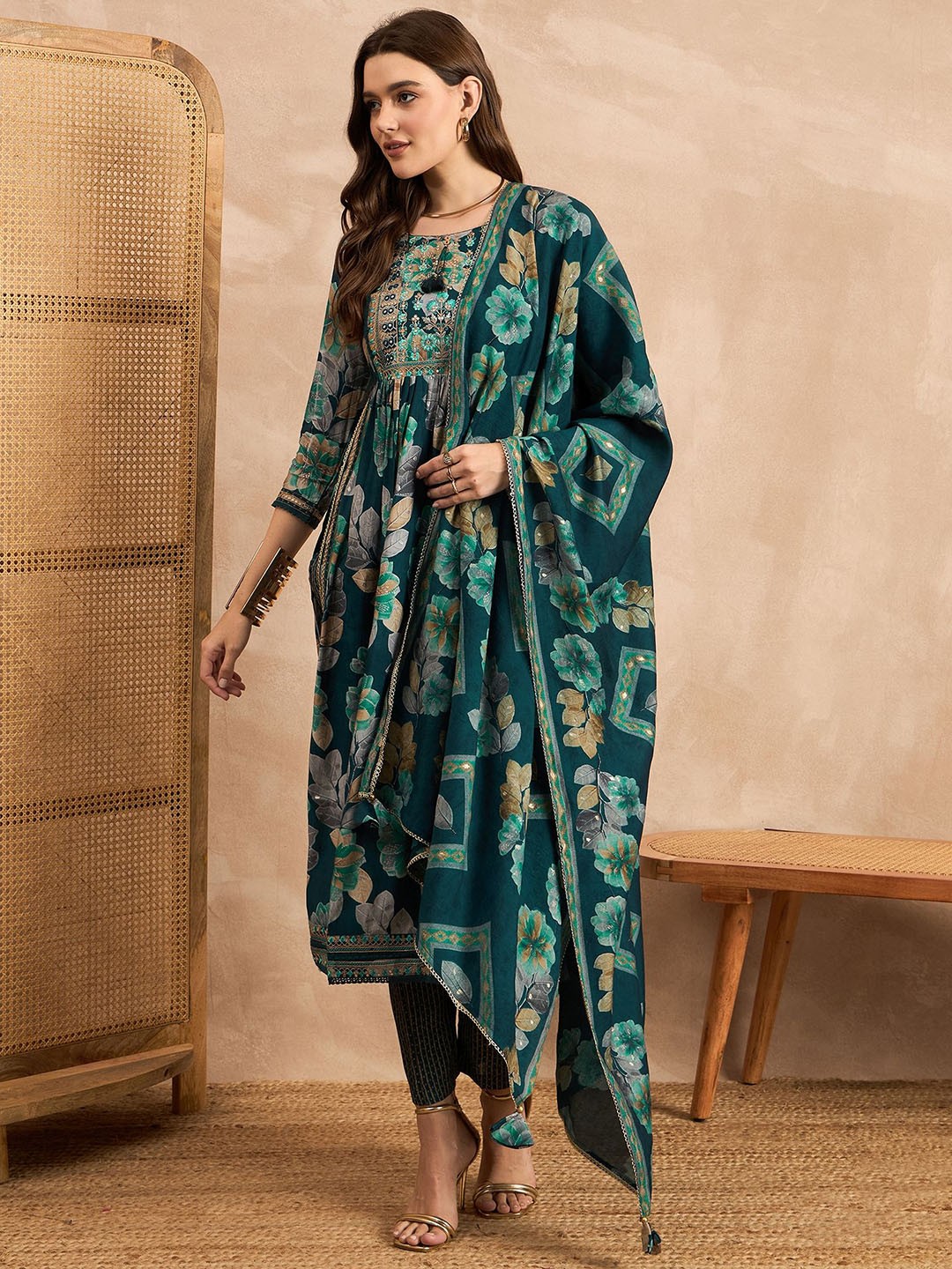 

all about you Floral Printed Thread Work Chanderi Silk Kurta & Trouser & Dupatta, Blue