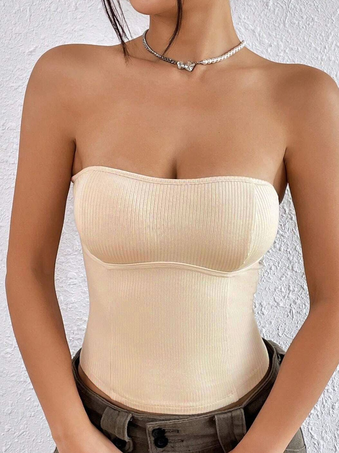 

HERE&NOW Women Beige Off-Shoulder Tube Crop Top