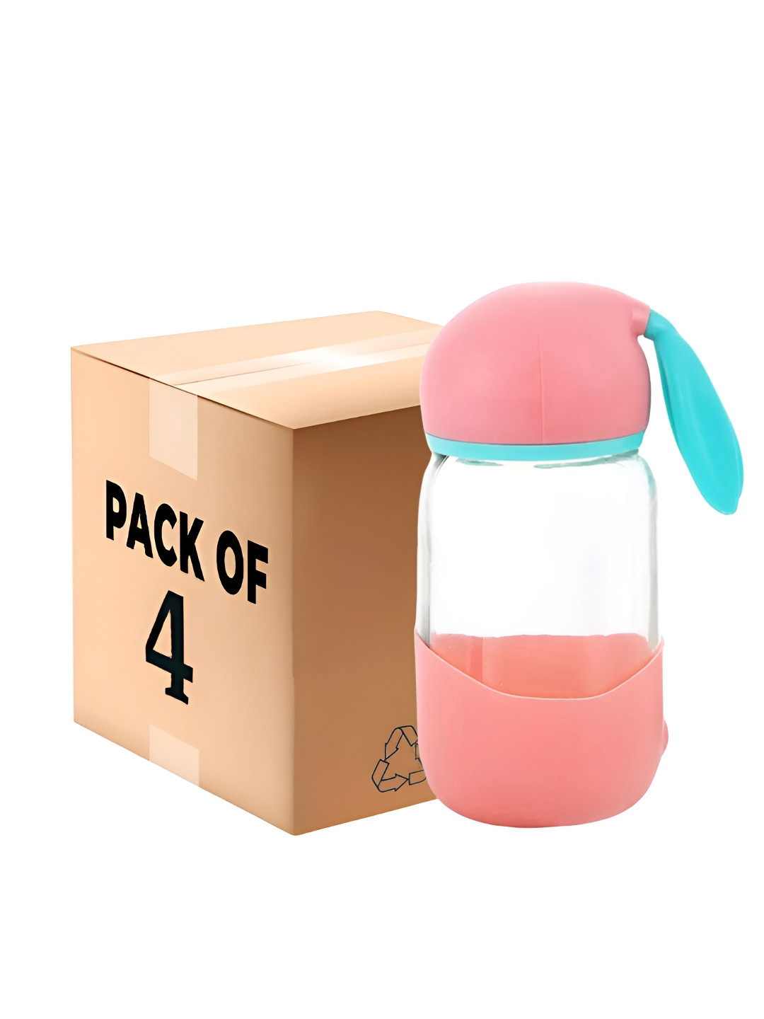 

WELOUR Rabbit Pink & Transparent 4 Pieces Glass Water Bottle 350ml