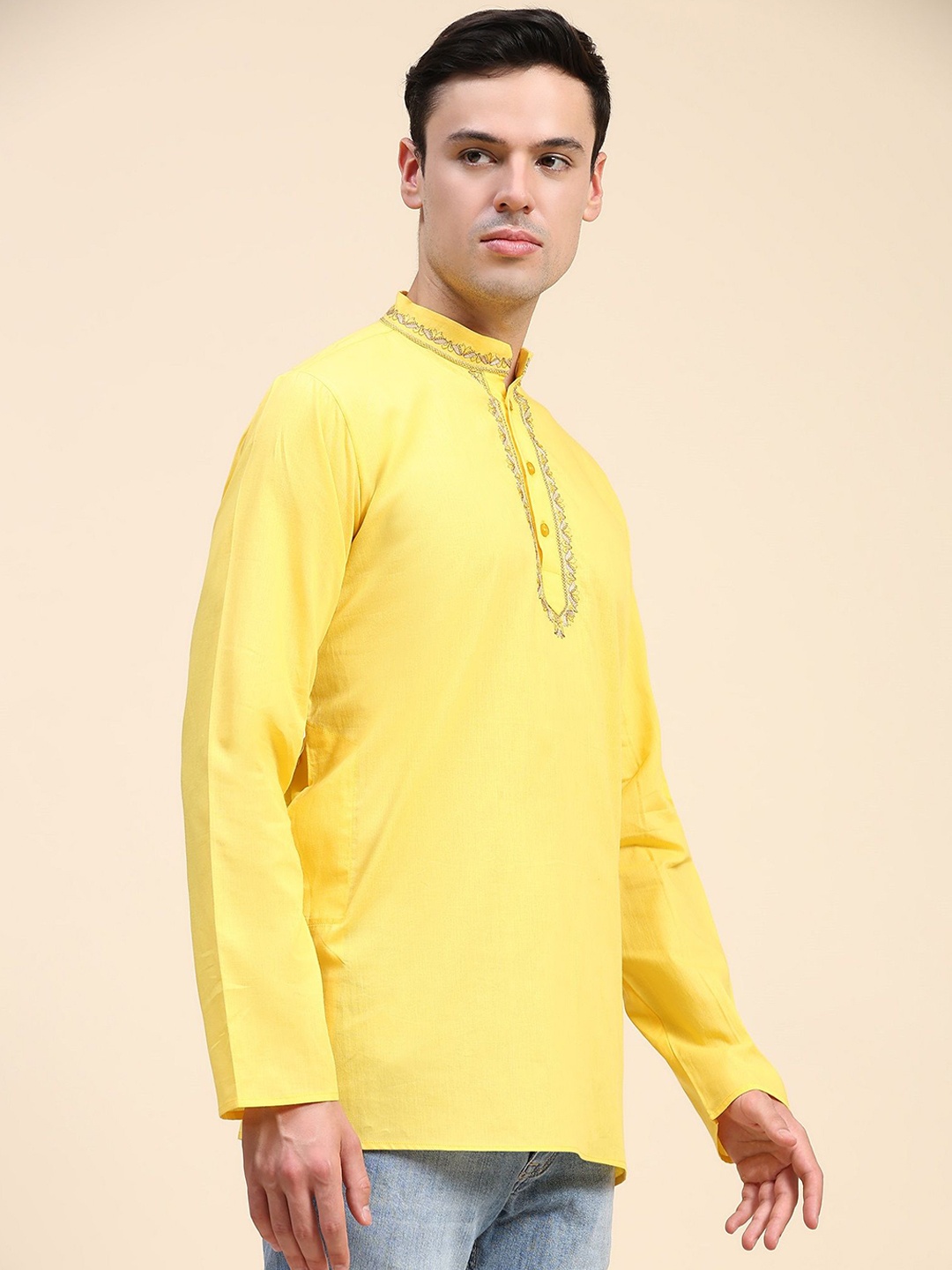 

SKAVIJ Thread Work Mandarin Collar Cotton Short Straight Kurta, Yellow