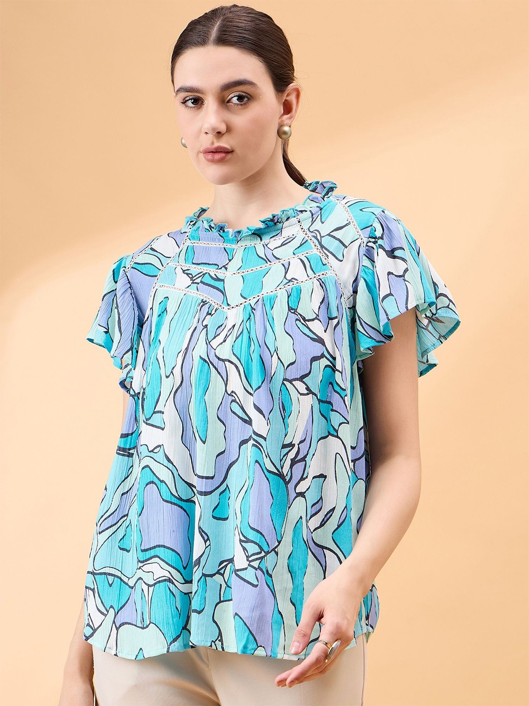 

all about you Print Flutter Sleeve Crepe Top, Blue