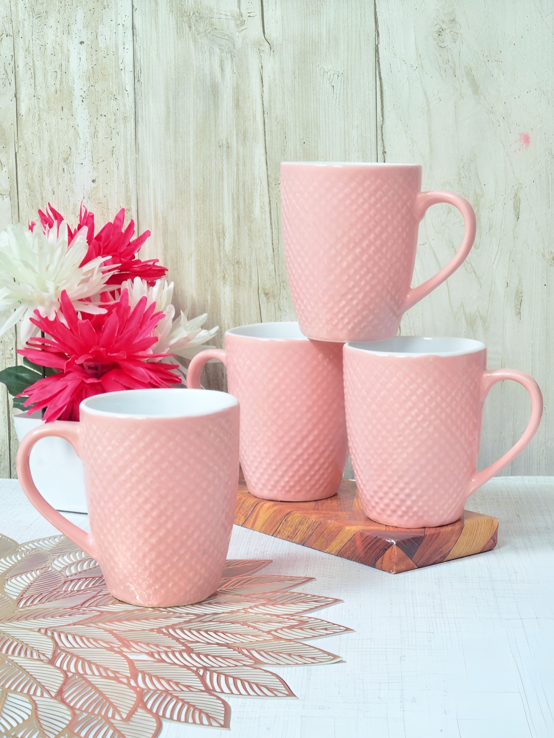 

FABINALIV Peach-Coloured 4 Pieces Ceramic Glossy Mugs Set of Cups and Mugs