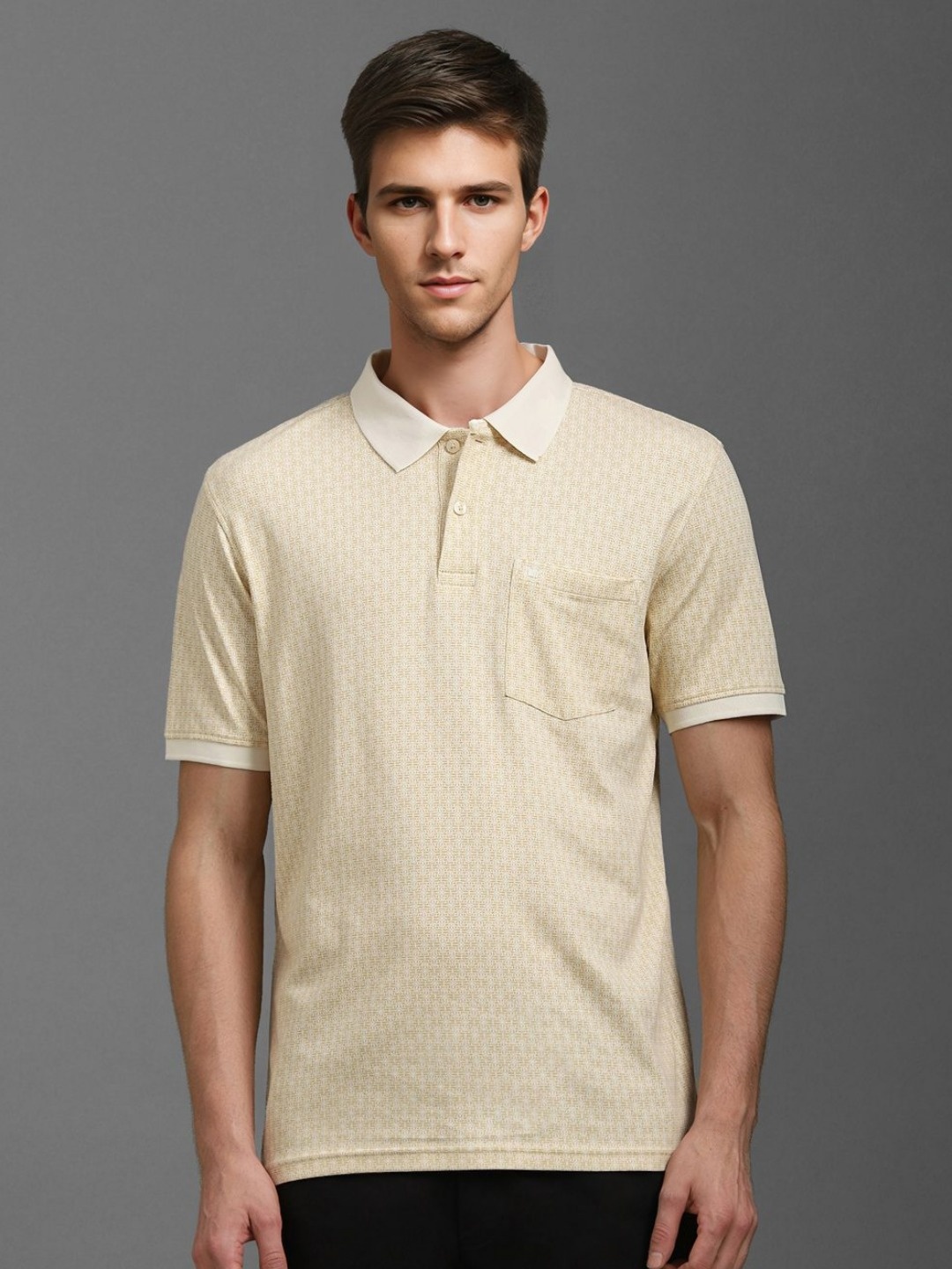 

Louis Philippe Men Geometric Printed Polo Collar Cotton T-shirt, Beige