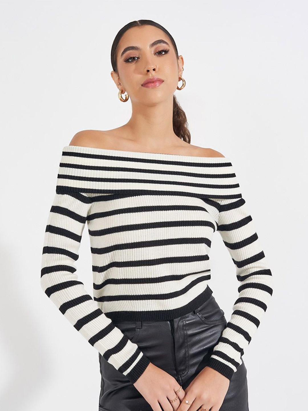 

Styli Women Striped Off-Shoulder Crop Pullover Sweaters, White