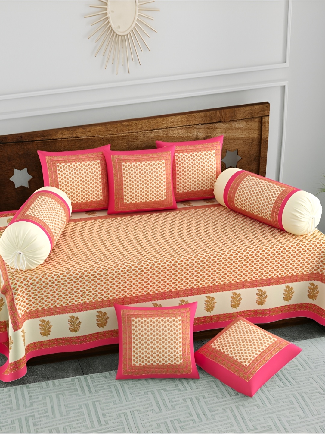 

The Craft Monk Set Of 8 Pink & Yellow Printed Pure Cotton Diwan Set