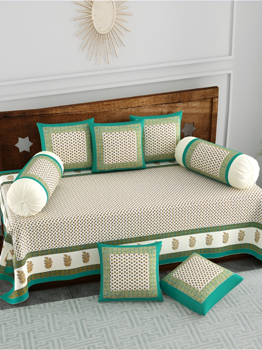 

The Craft Monk Green & Yellow 8 Pieces Printed Pure Cotton Diwan Set