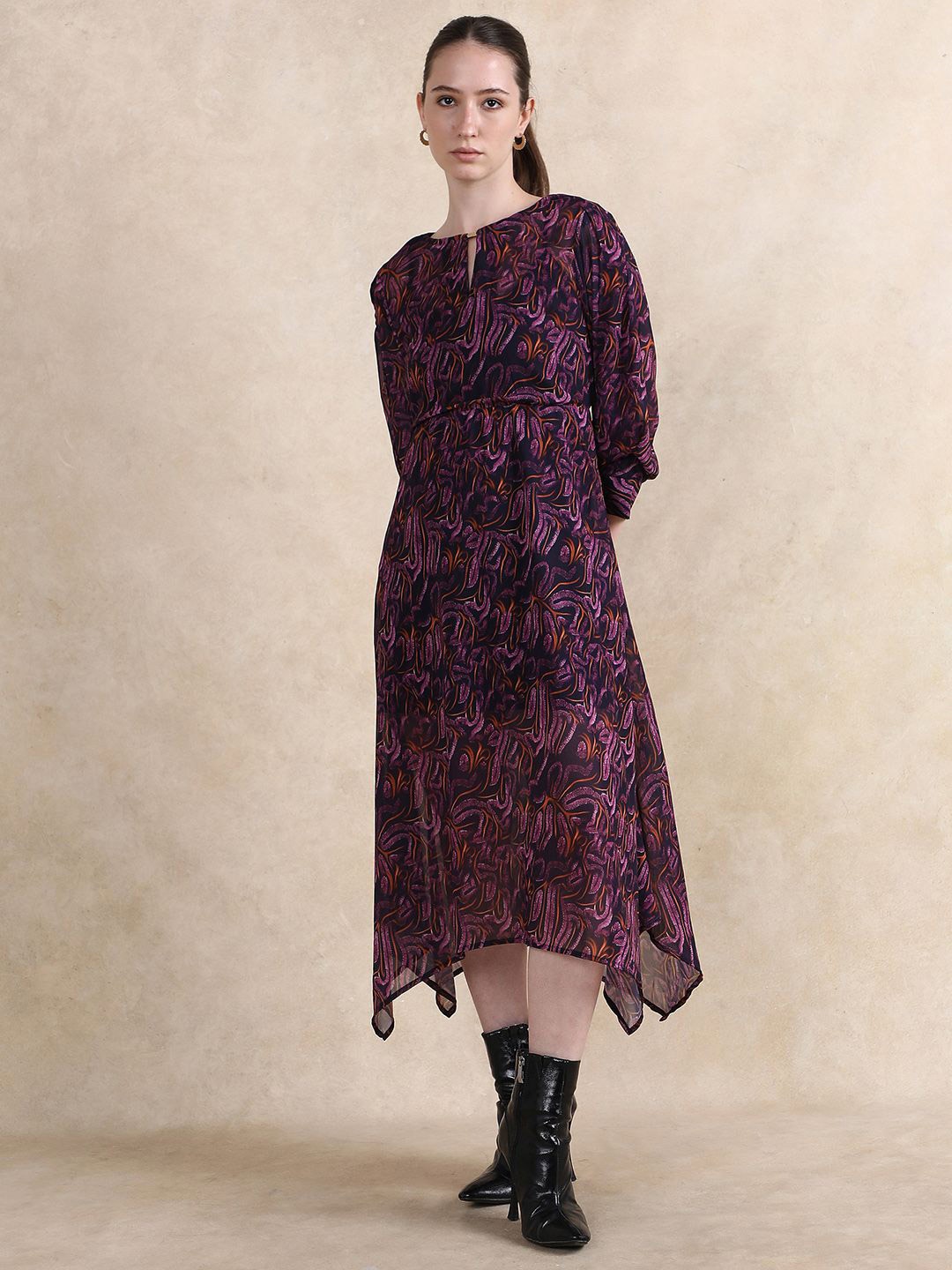 

RAREISM Women Floral Print A-Line Midi Dress, Burgundy