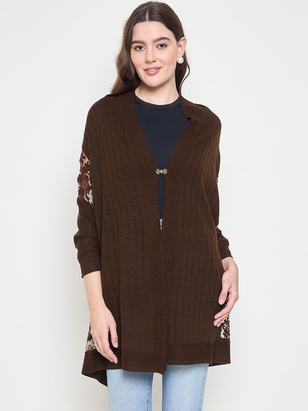 

Knitstudio Floral Embroidered V-Neck Poncho Sweaters, Brown