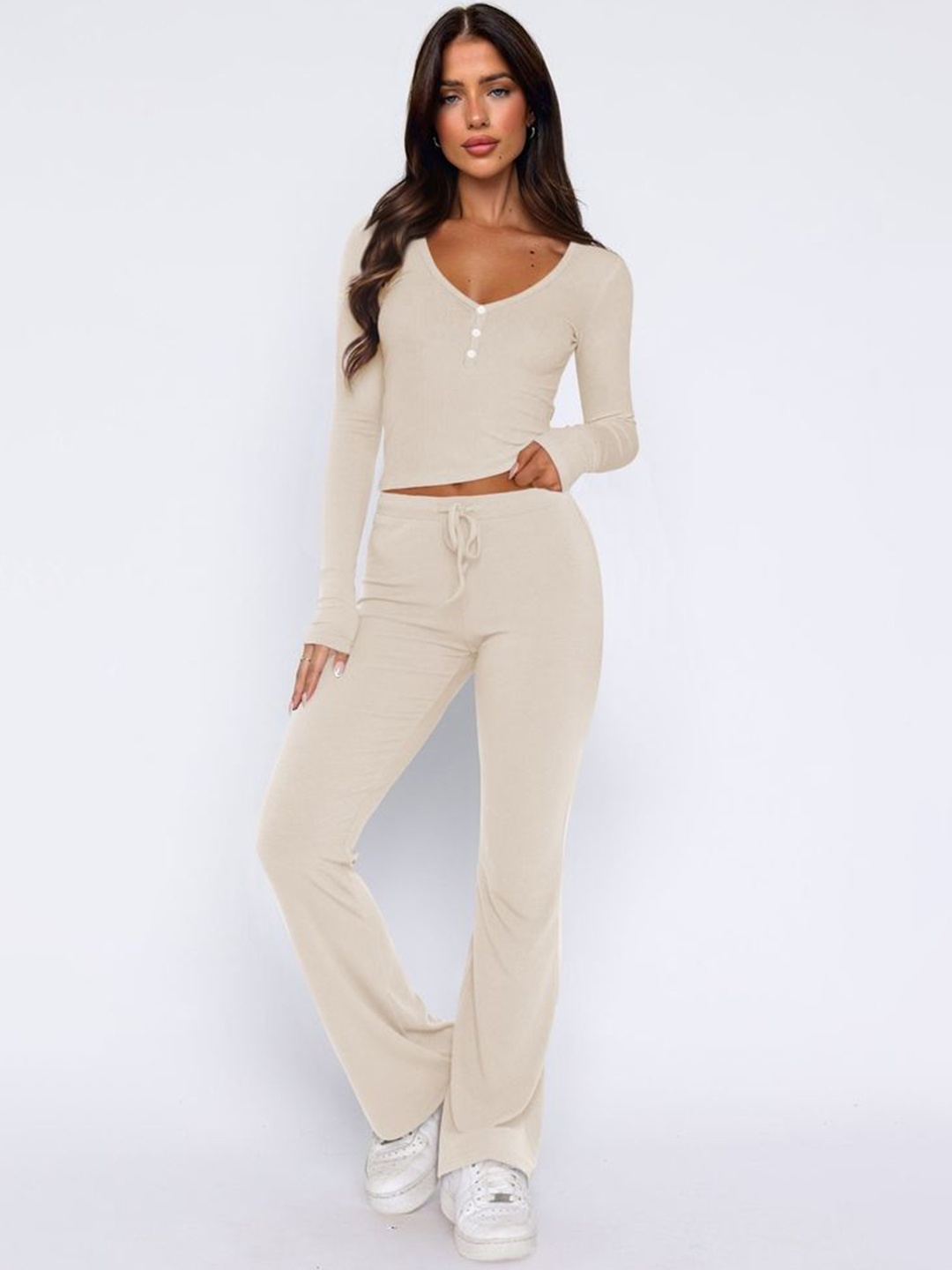 

LULU & SKY V-Neck Long Sleeves Top With Trouser, Beige