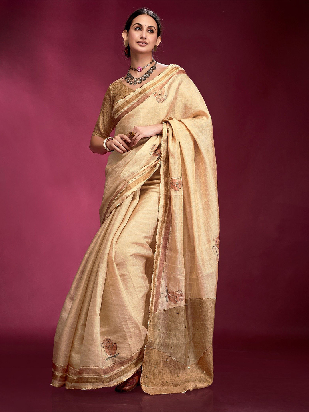 

MySilkLove Floral Sequinned Silk Blend Tussar Saree, Cream