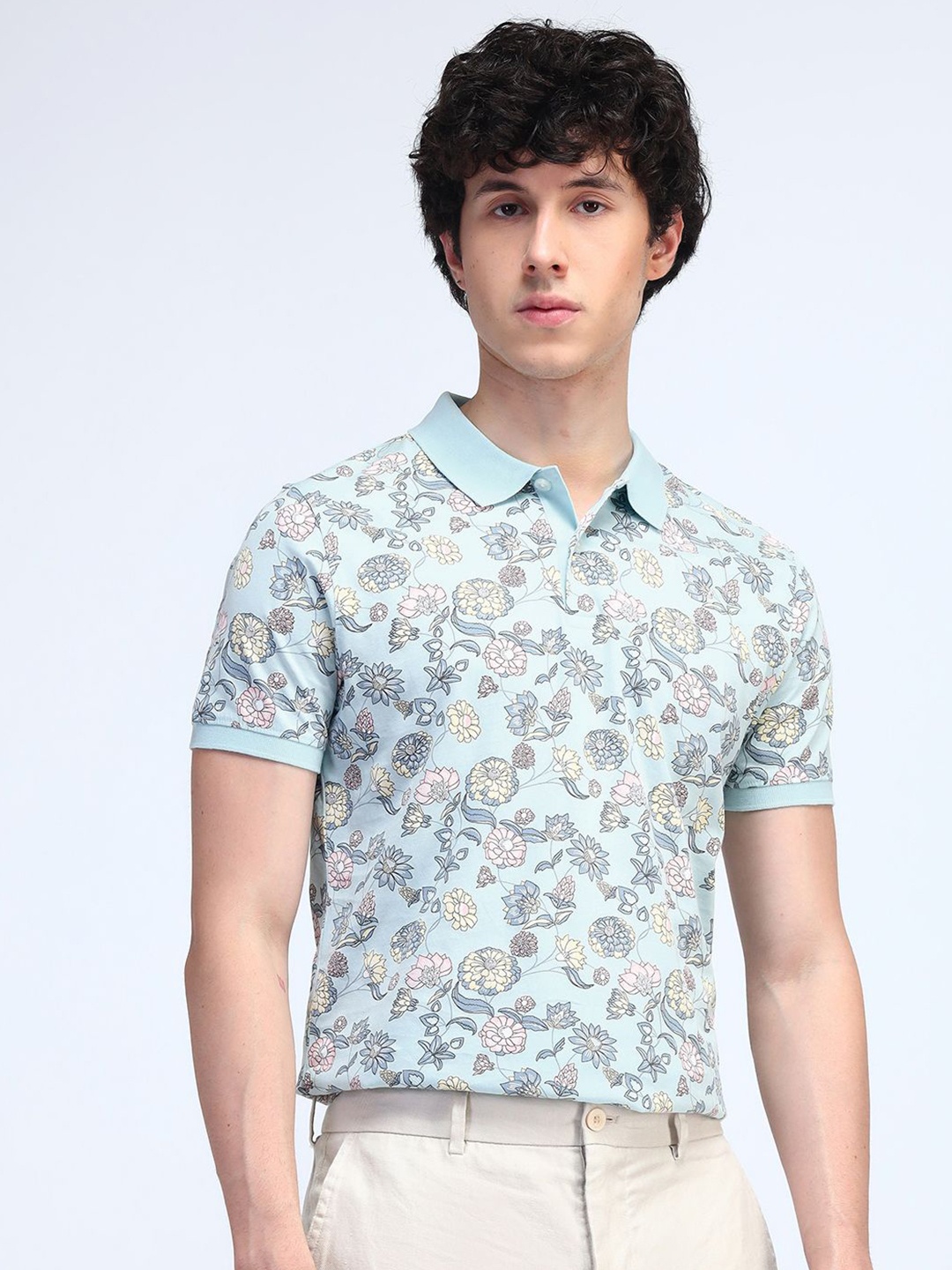 

Flying Machine Men Floral Printed Polo Collar Cotton T-shirt, Blue