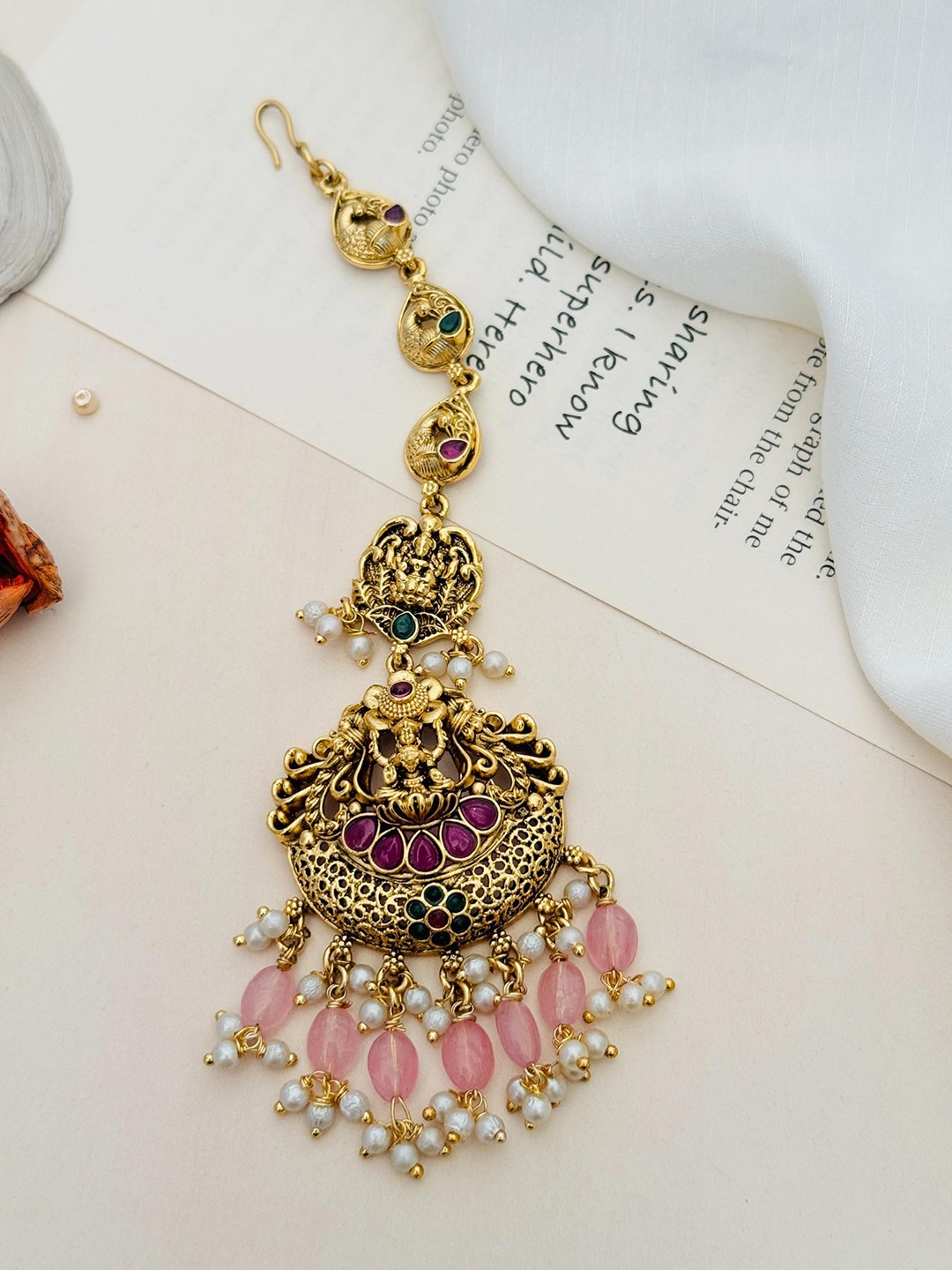 

ABDESIGNS Gold-Plated Stone Studded and Beaded Temple Maang Tikka