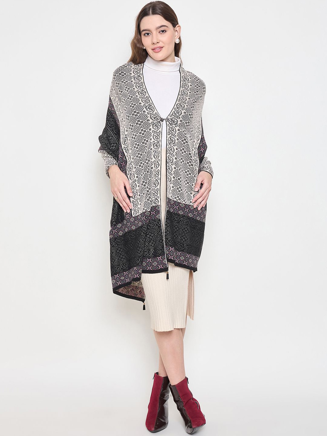 

Knitstudio Floral Embroidered V-Neck Poncho Sweaters, Brown