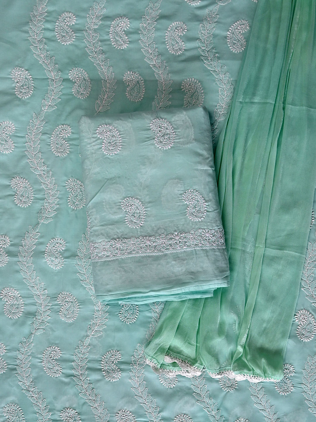 

Seva Chikan Ethnic Motifs Embroidered Lucknowi Chikankari Unstitched Dress Material, Sea green