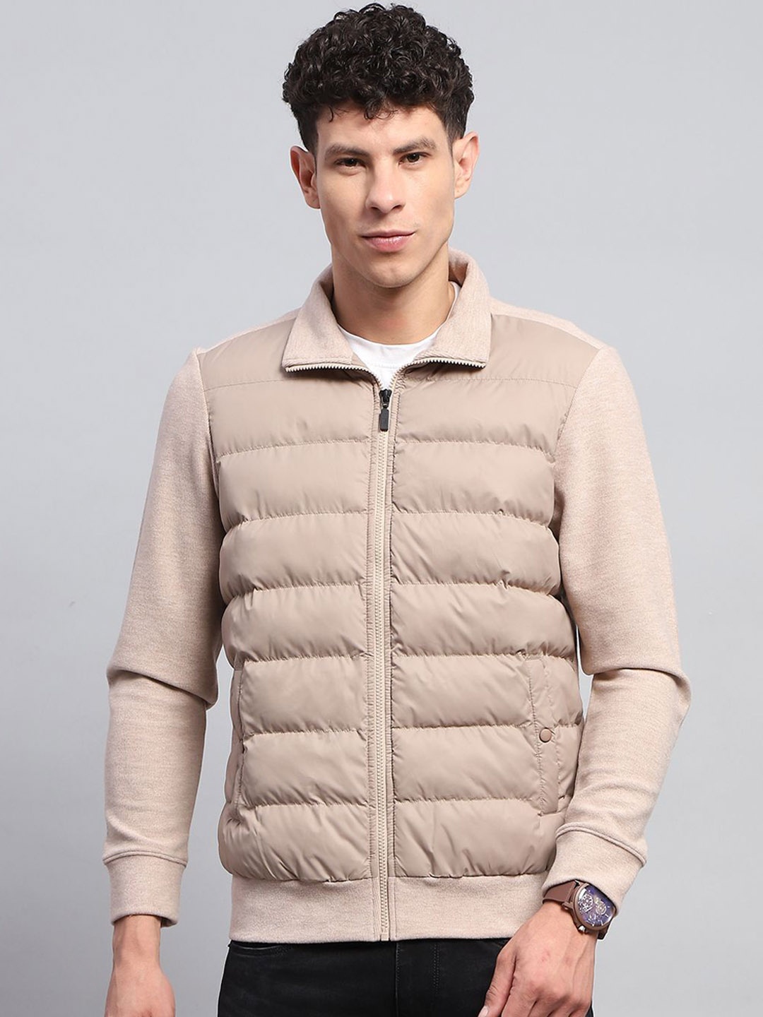 

rock.it Men Spread Collar Solid Casual Padded Jacket, Beige