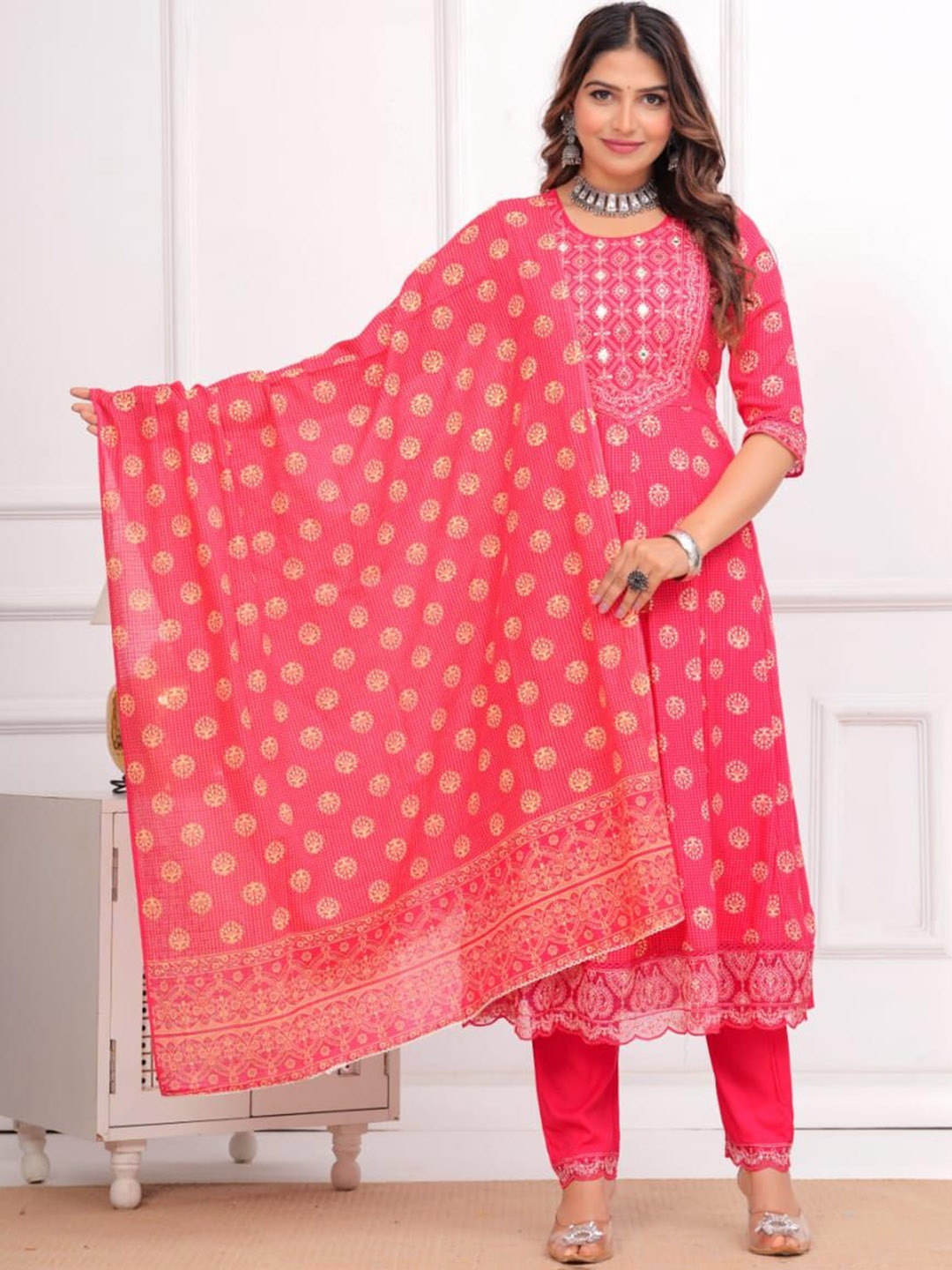 

PARUCREATION Embroidered Thread Work Anarkali Kurta with Palazzos & Dupatta, Pink