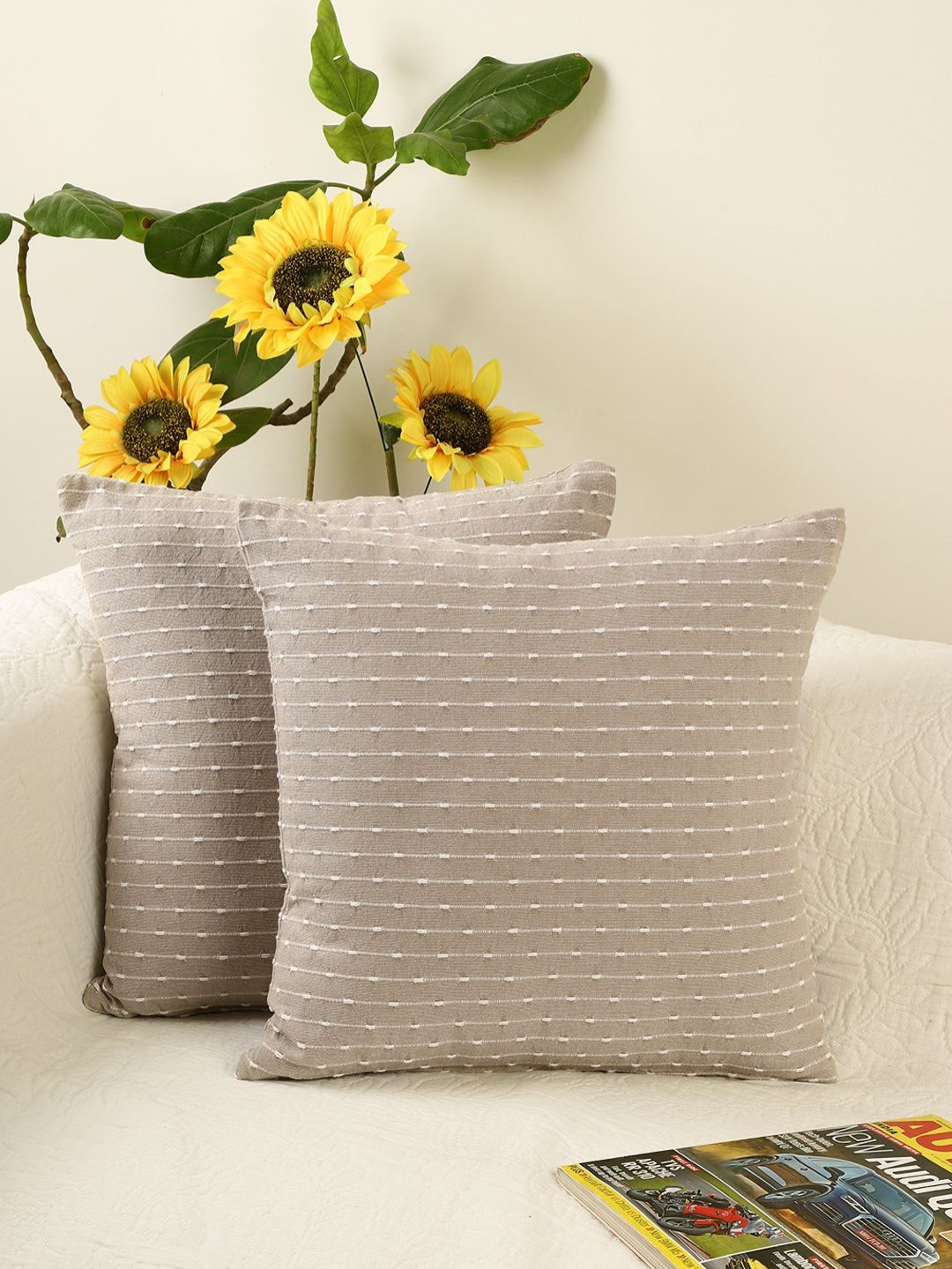 

Jamio Firati Beige & White 2 Pieces Striped Cotton Square Cushion Covers