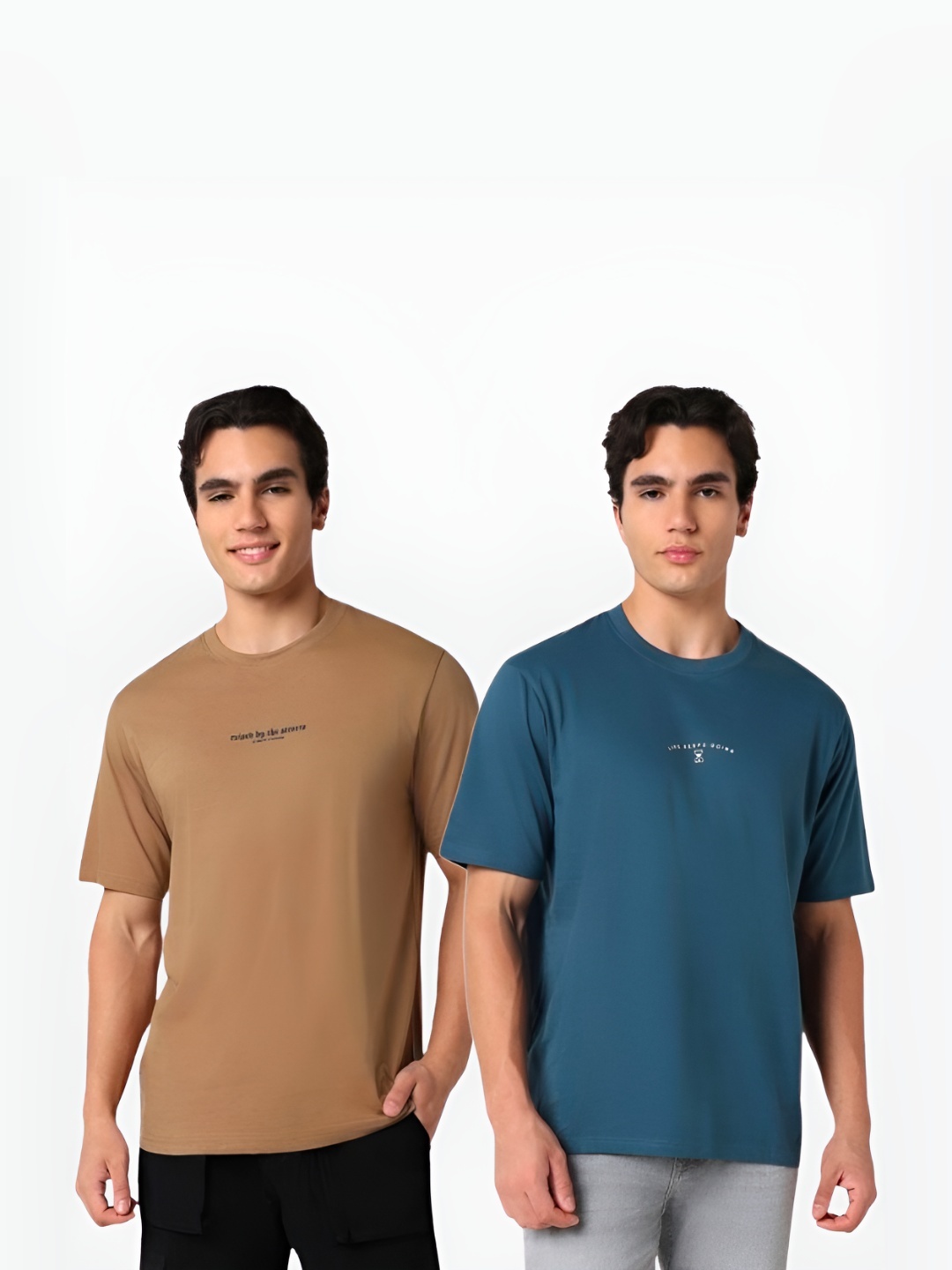 

R&B Men Pack Of 2 Typography Printed Round Neck Cotton T-shirts, Brown