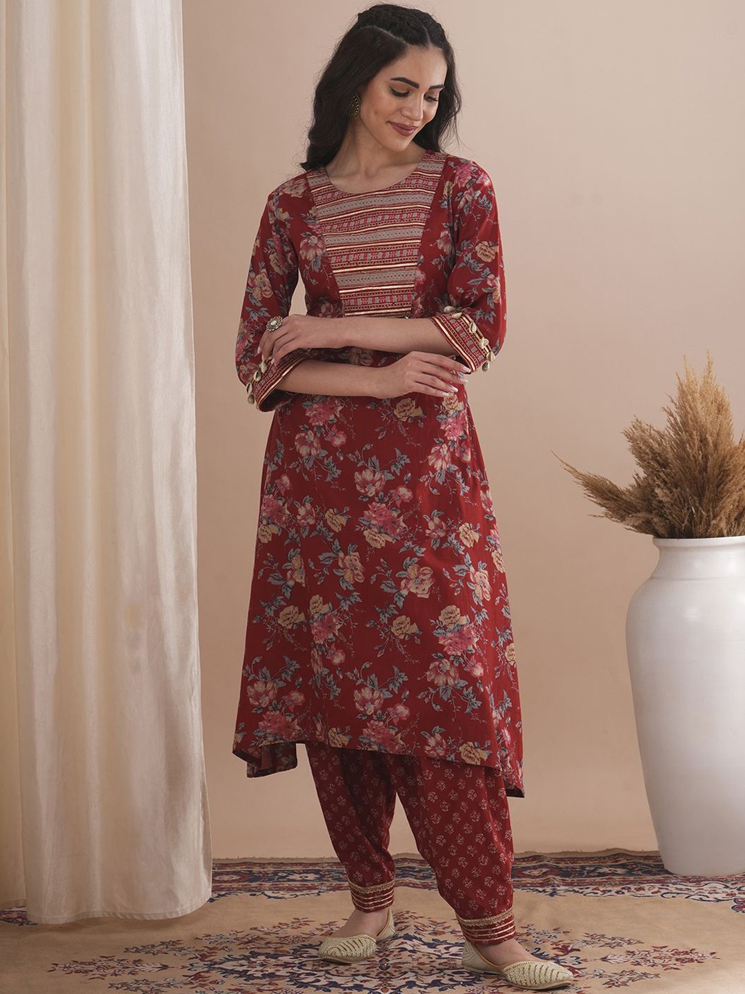 

FASHOR Floral Printed Beads and Stones Pure Cotton A-Line Kurta with Salwar, Maroon
