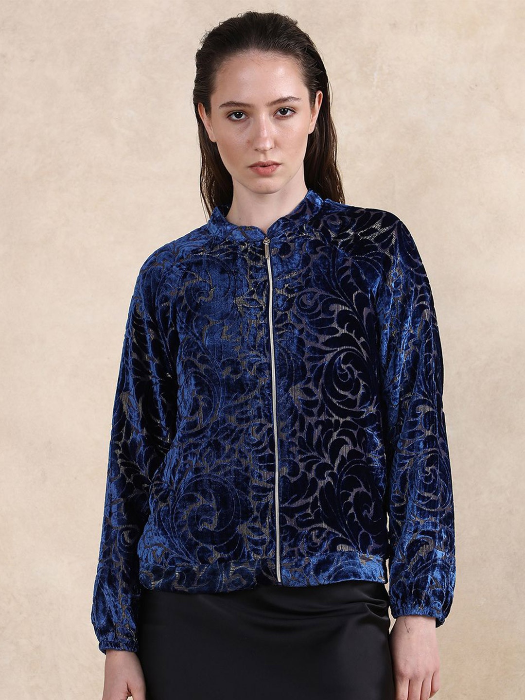 

RAREISM Women Stand Collar Floral Self Design Casual Bomber Jacket, Navy blue