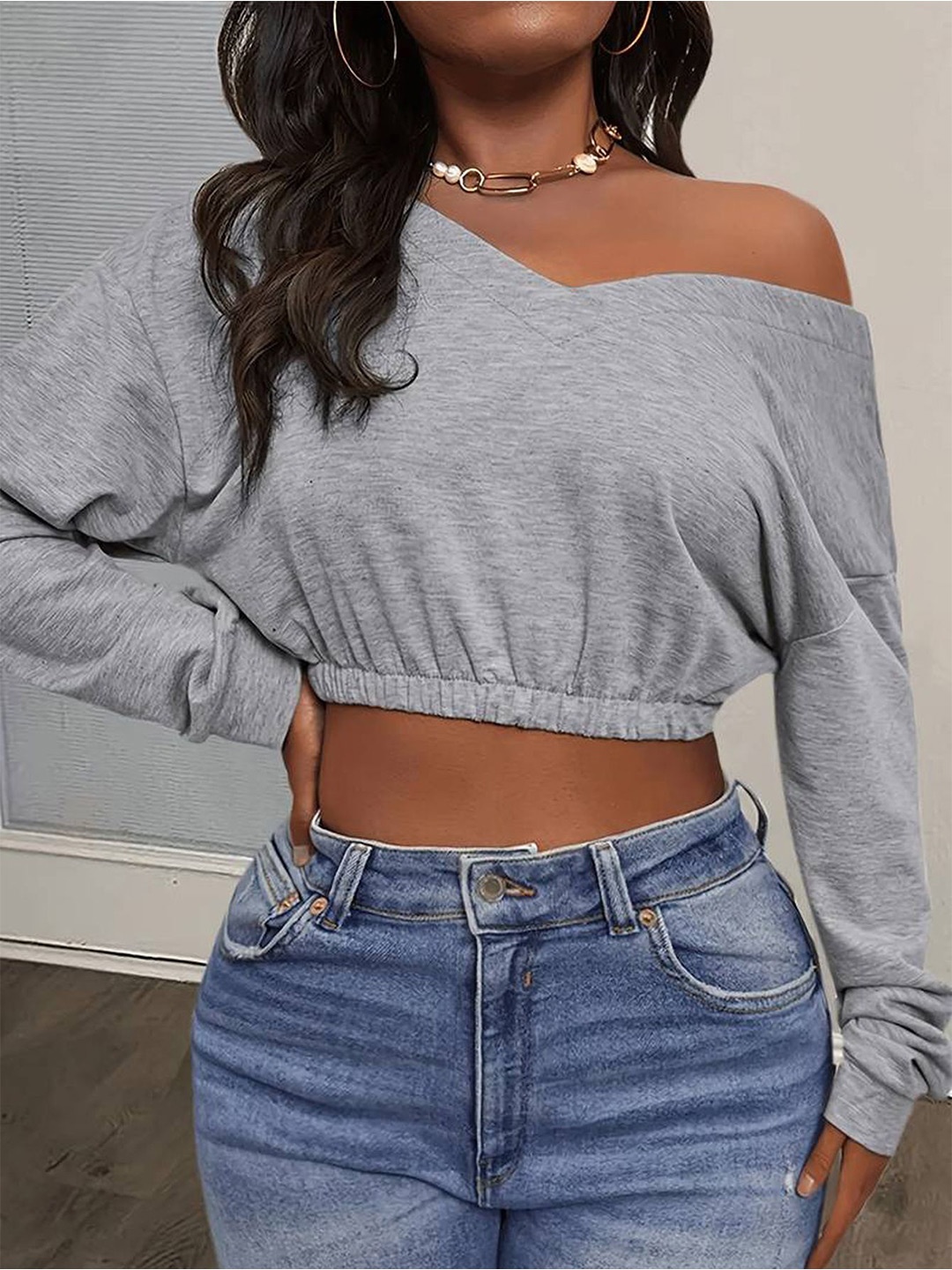 

HERE&NOW Women V-Neck Long Sleeves Cotton Top, Grey