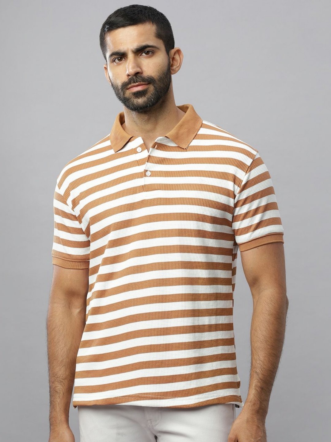

N AND J Men Striped Polo Collar Cotton T-shirt, Brown