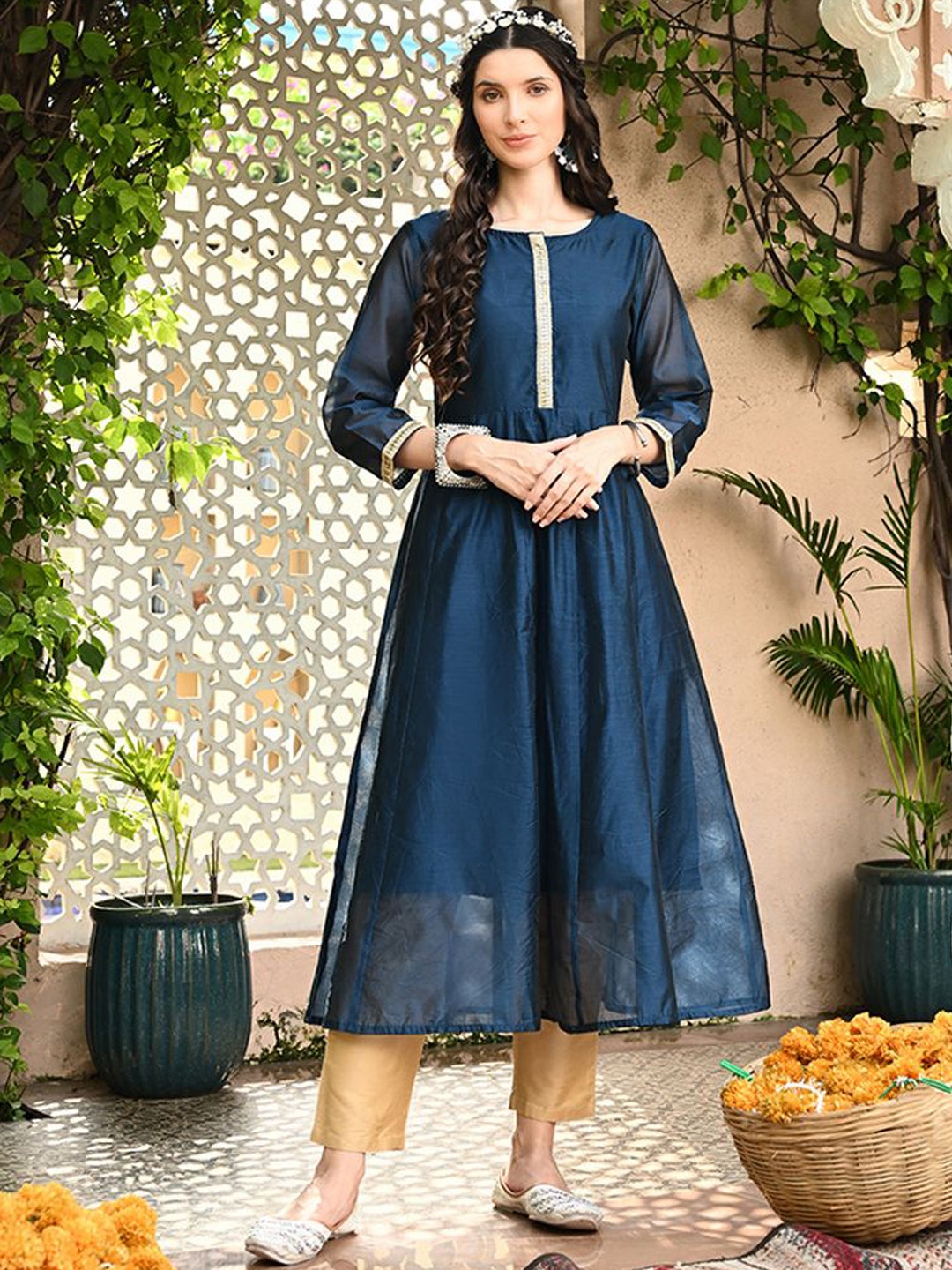 

DECKEDUP Round Neck Sequinned Chanderi Silk Anarkali Kurta, Blue