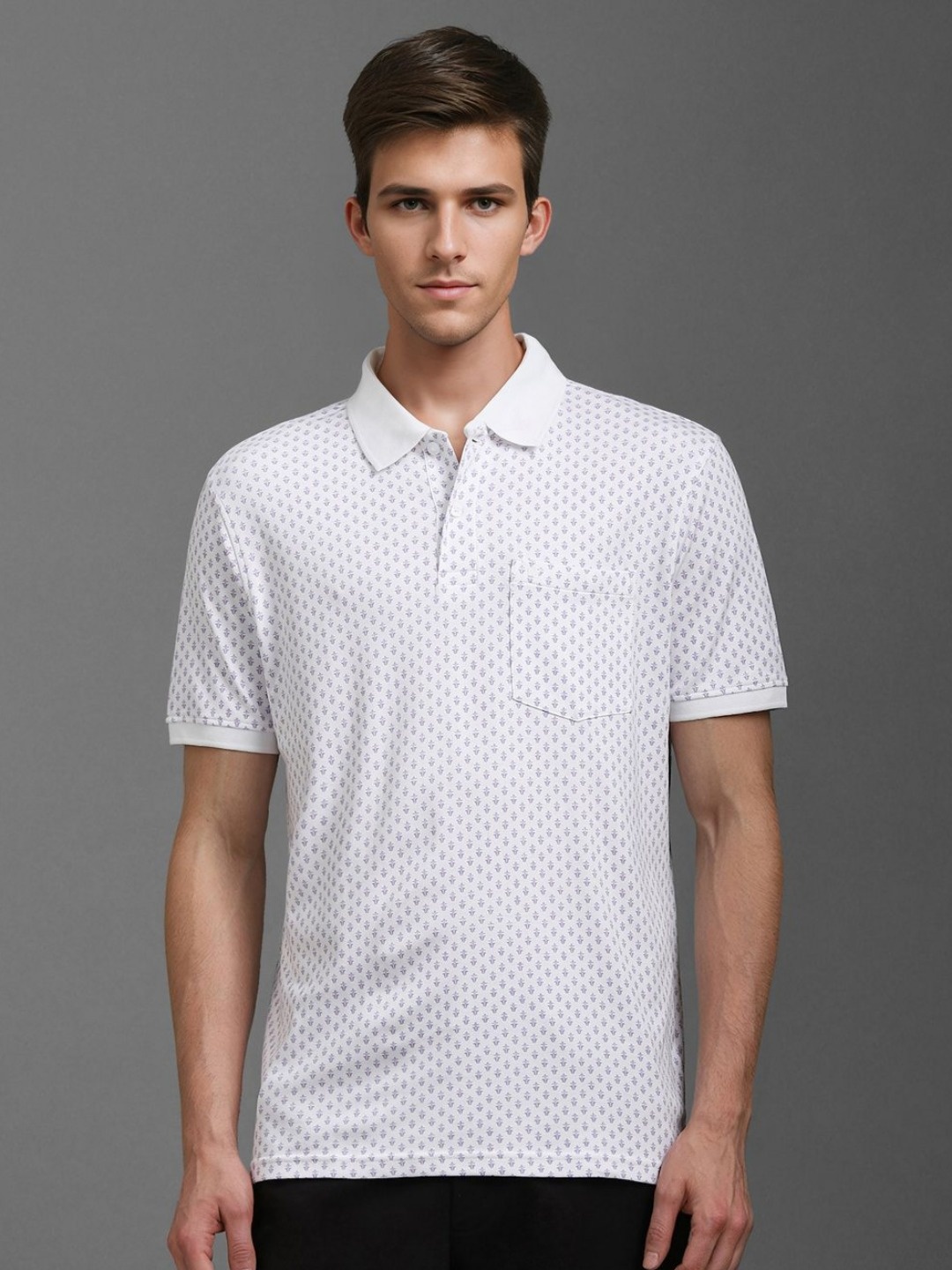 

Louis Philippe Men Conversational Printed Polo Collar Cotton T-shirt, White