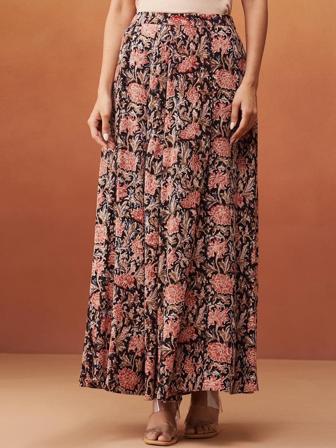 

Fabindia Floral Printed Flared Maxi Skirt, Black