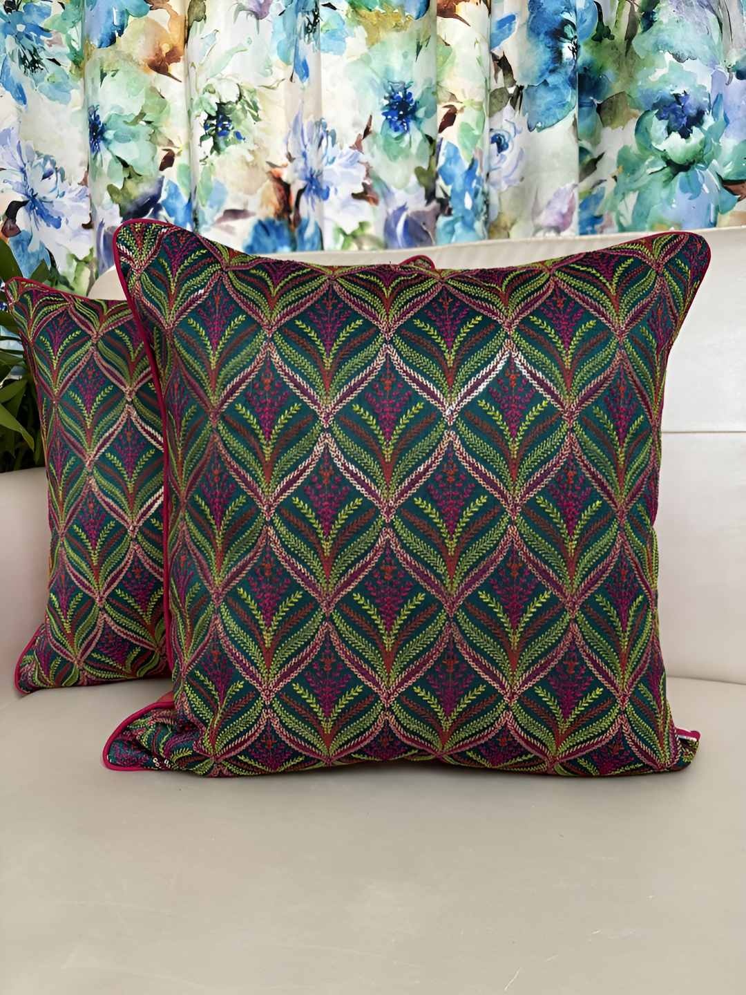 

TARA- Sparkling Homes Teal & Pink Set of 2 Embroidered Square Cushion Covers