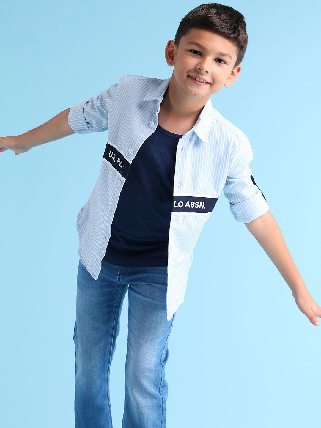 

U.S. Polo Assn. Kids Boys Classic Spread Collar Brand Logo Striped Cotton Casual Shirt, Blue