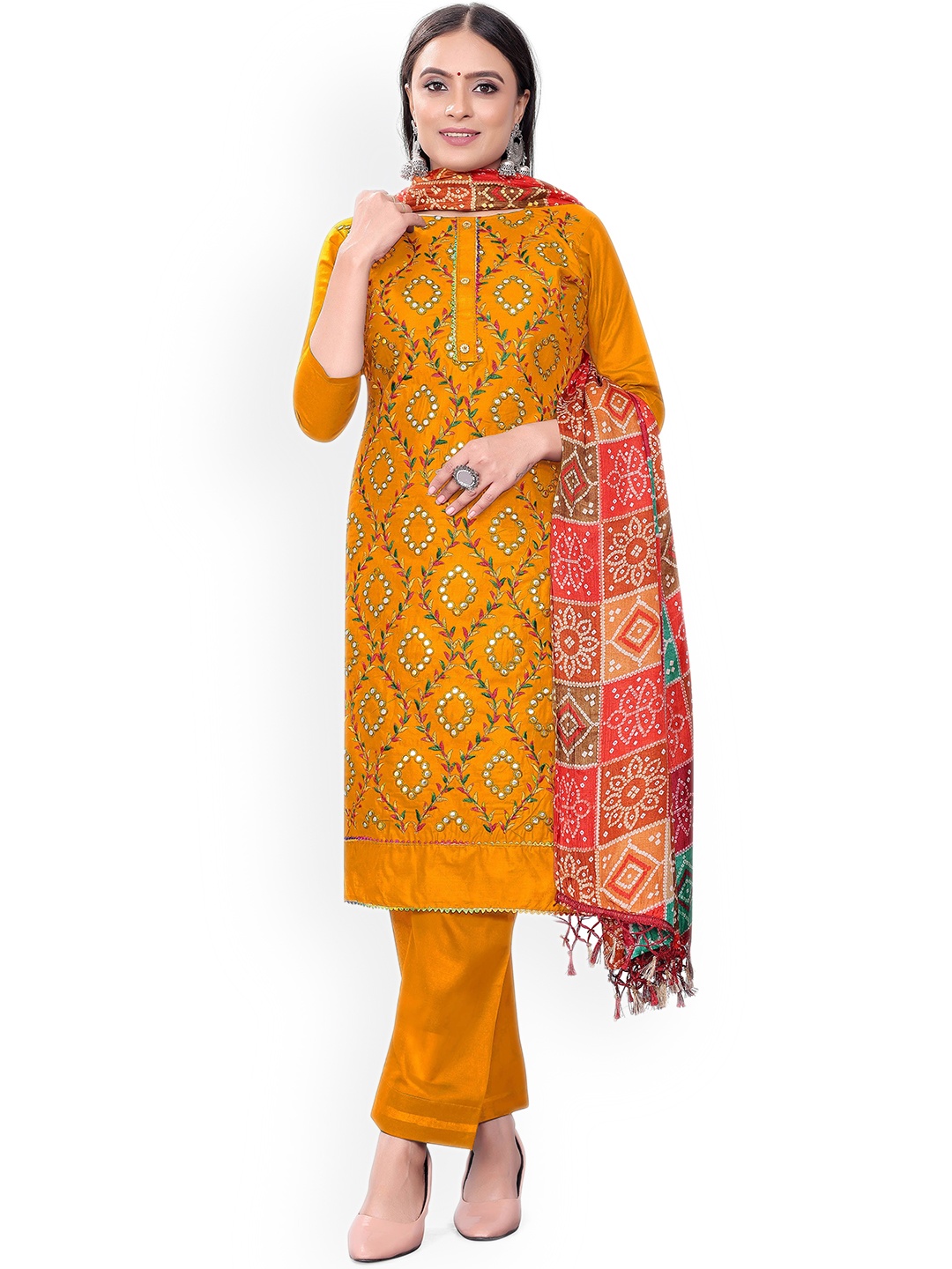 

Maroosh Floral Embroidered Mirror Work Cotton Unstitched Dress Material, Yellow