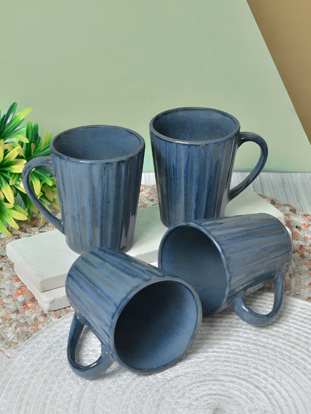 

FABINALIV Blue 4 Pieces Textured Ceramic Glossy Mugs 250 ml each