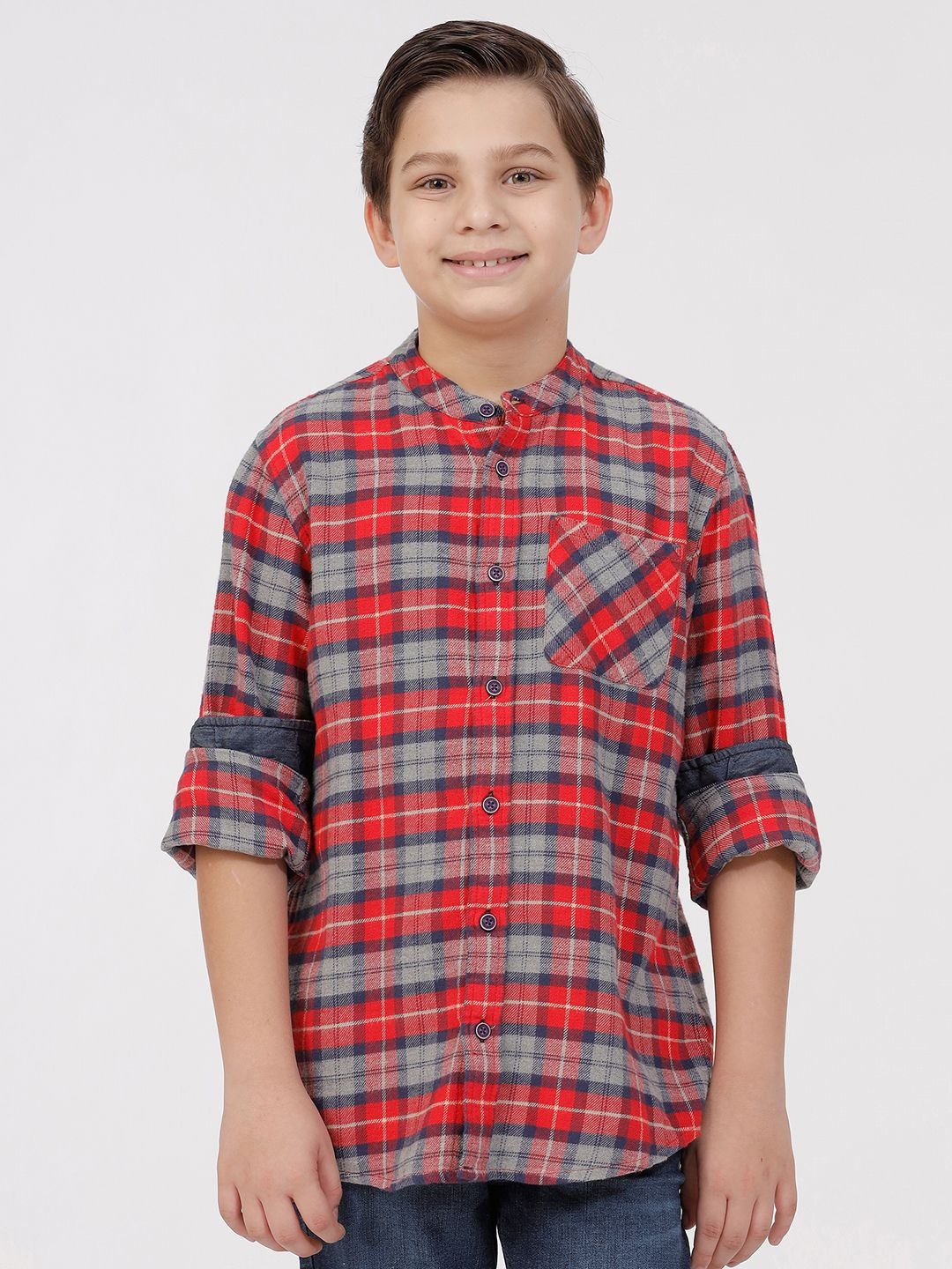 

KATE & OSCAR Boys Band Collar Checked Cotton Casual Shirt, Red