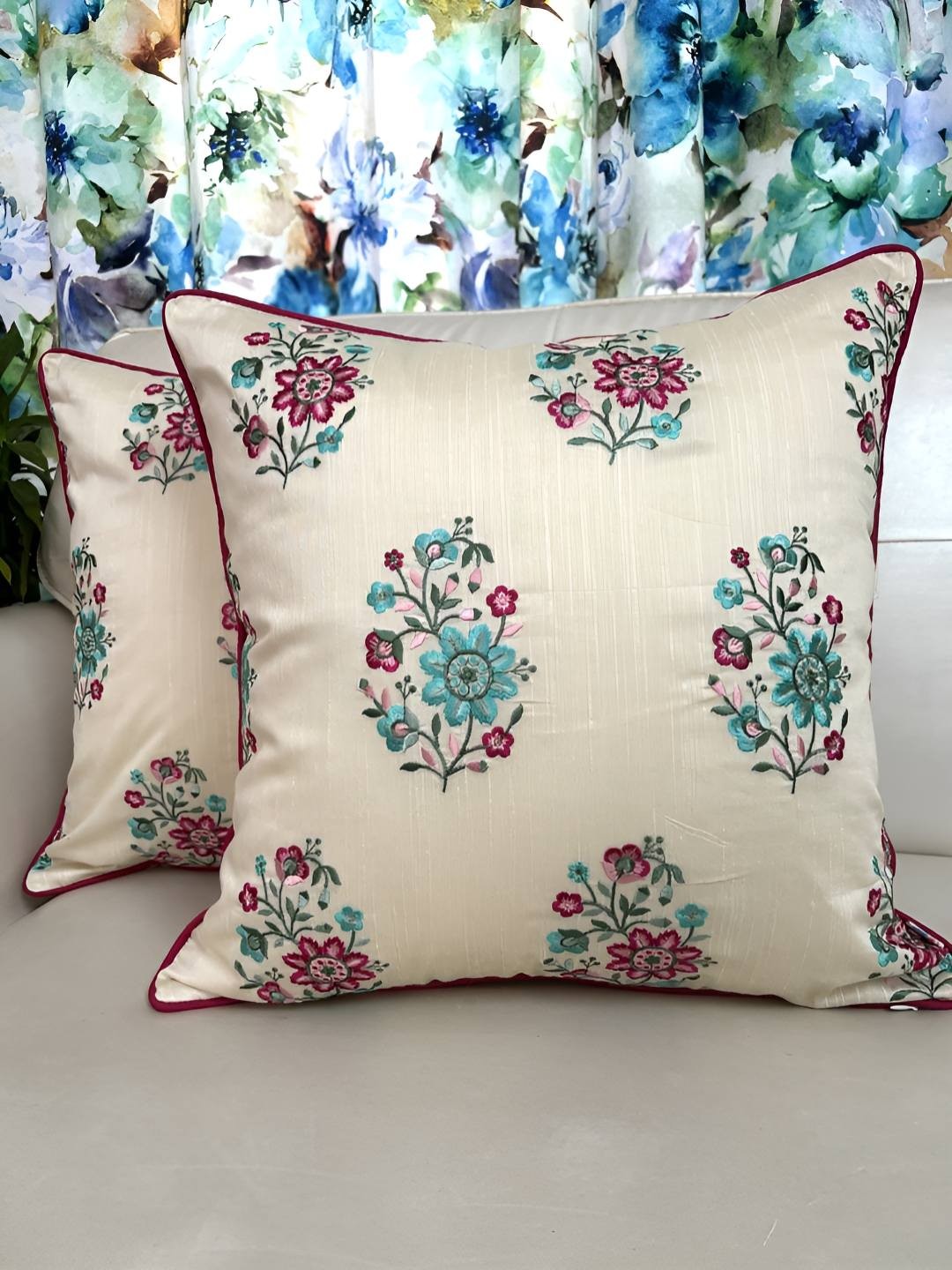

TARA- Sparkling Homes Beige & Pink Set of 2 Embroidered Square Cushion Covers