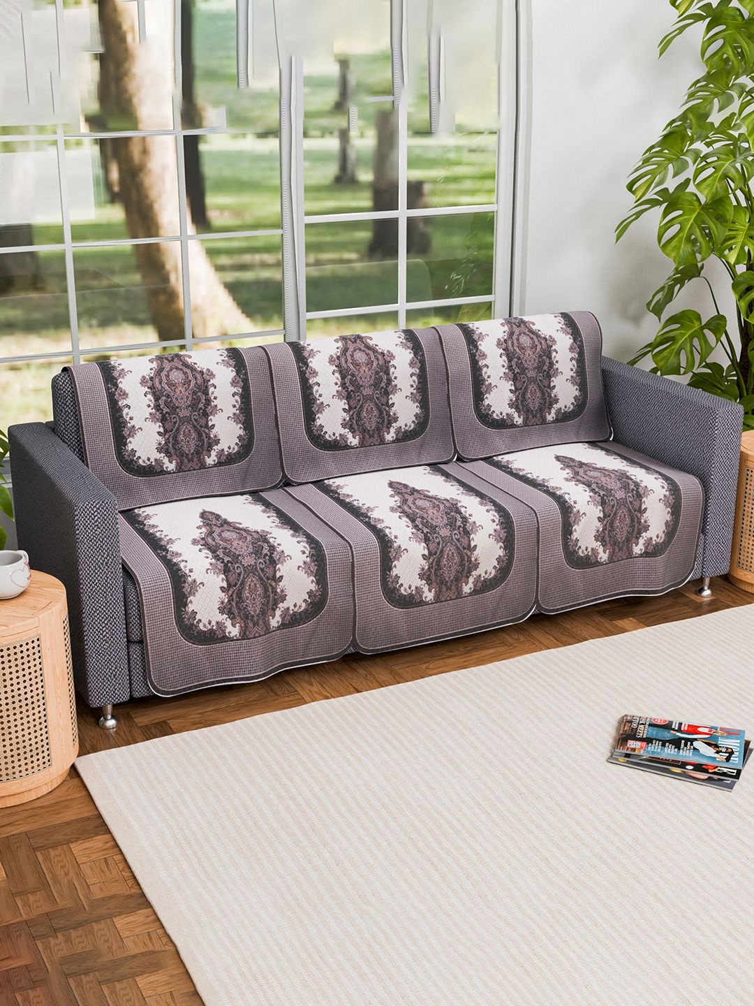 

Kuber Industries Cream-Coloured & White 6 Pieces Printed 3 Seater Sofa Cover