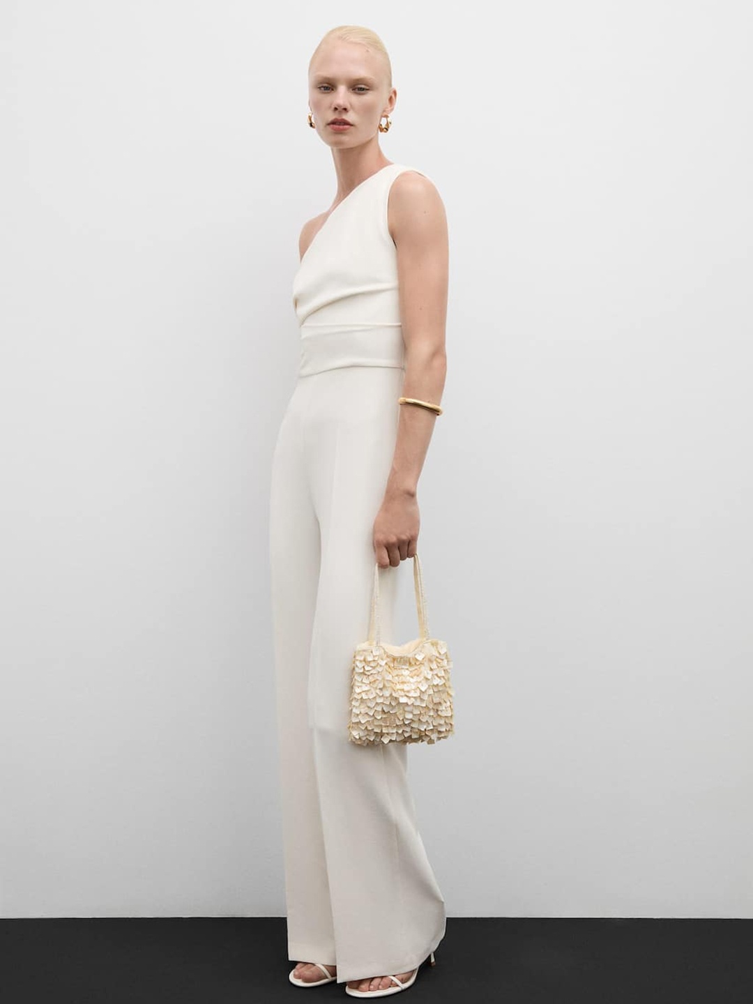 

MANGO One-Shoulder Basic Jumpsuit, Cream